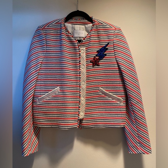 Sandro Paris Cropped Jacket Size 40, Red Stripes Star Lightning - Picture 2 of 5